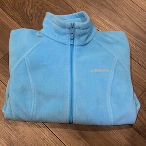 Columbia Fleece Jacket Women Sz Small Light Blue Full Zip Mock Neck Winter Warm